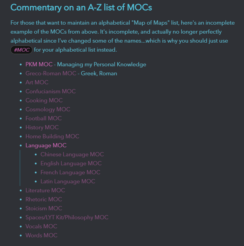 Commentary on an A-Z list of MOCs